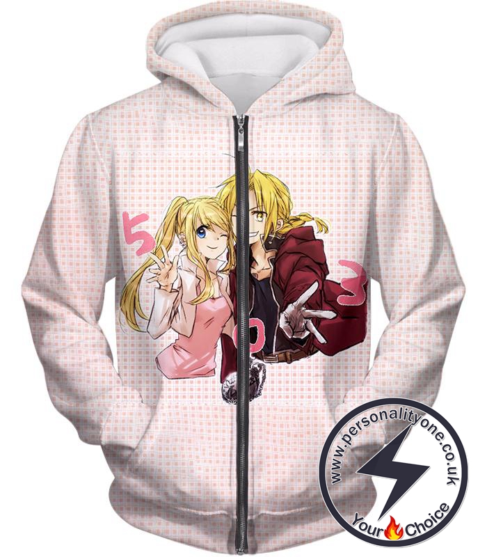 Fullmetal Alchemist Beautiful Anime Couple Edward Elrich x Winry Rockbell Promo White Zip Up Hoodie